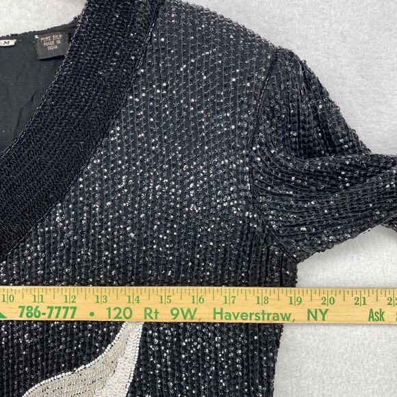 SEQUINED Blouse M Silk Crepe Fully Beaded Heavy Embellished V-Neck Vintage Black - Picture 9 of 11